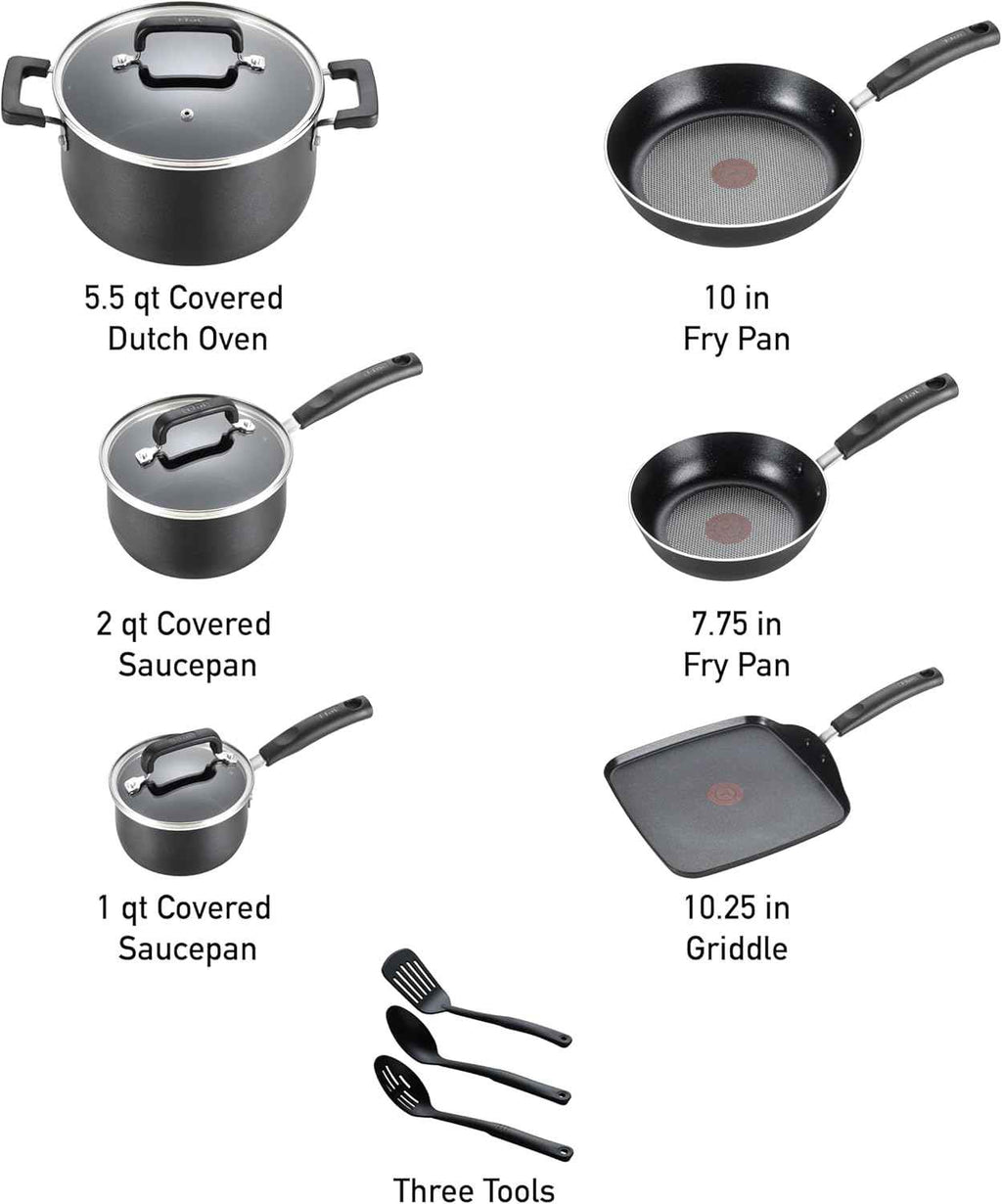 T-fal Signature Nonstick Cookware Set, 12 Piece, Oven Safe, Black, Dishwasher Safe, Kitchen Cooking Set