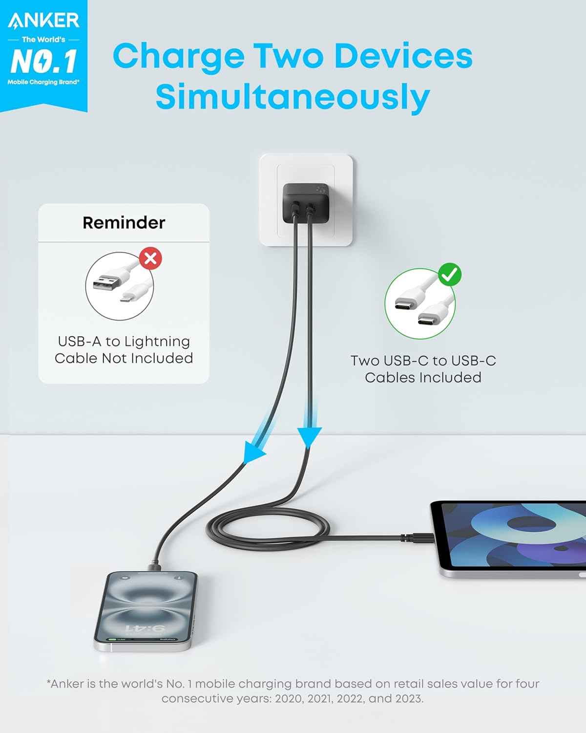 Anker iPhone 17/16 Charger, 2-Pack 20W Fast USB C Charger Block, for iPhone 16/16 Pro Max/15 Series/iPad Pro and More (Black, 2 Pack & 2 Cable)