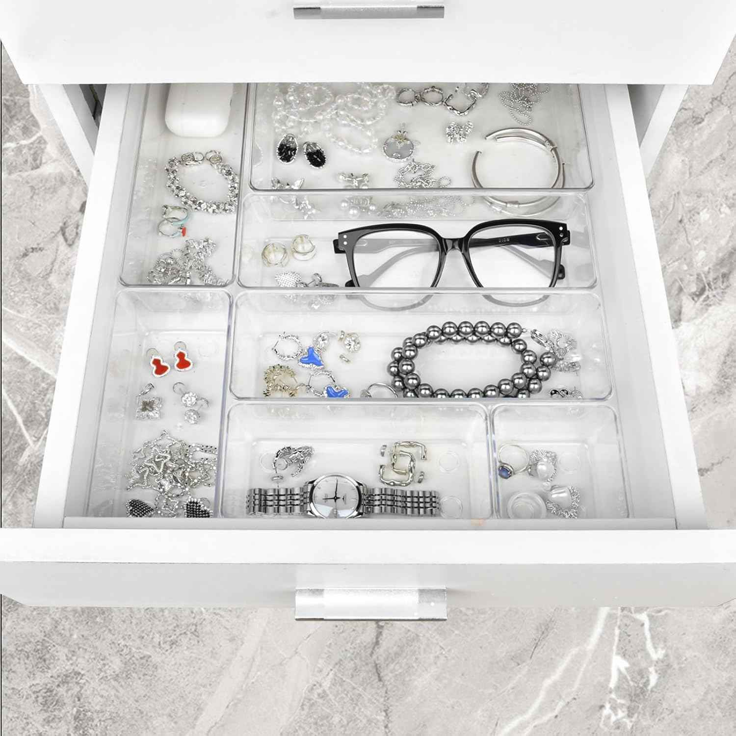 Drawer Organizer Set of 15, 4 Sizes Clear Plastic for Kitchen, Bathroom, Office, Dresser Desk Organizers