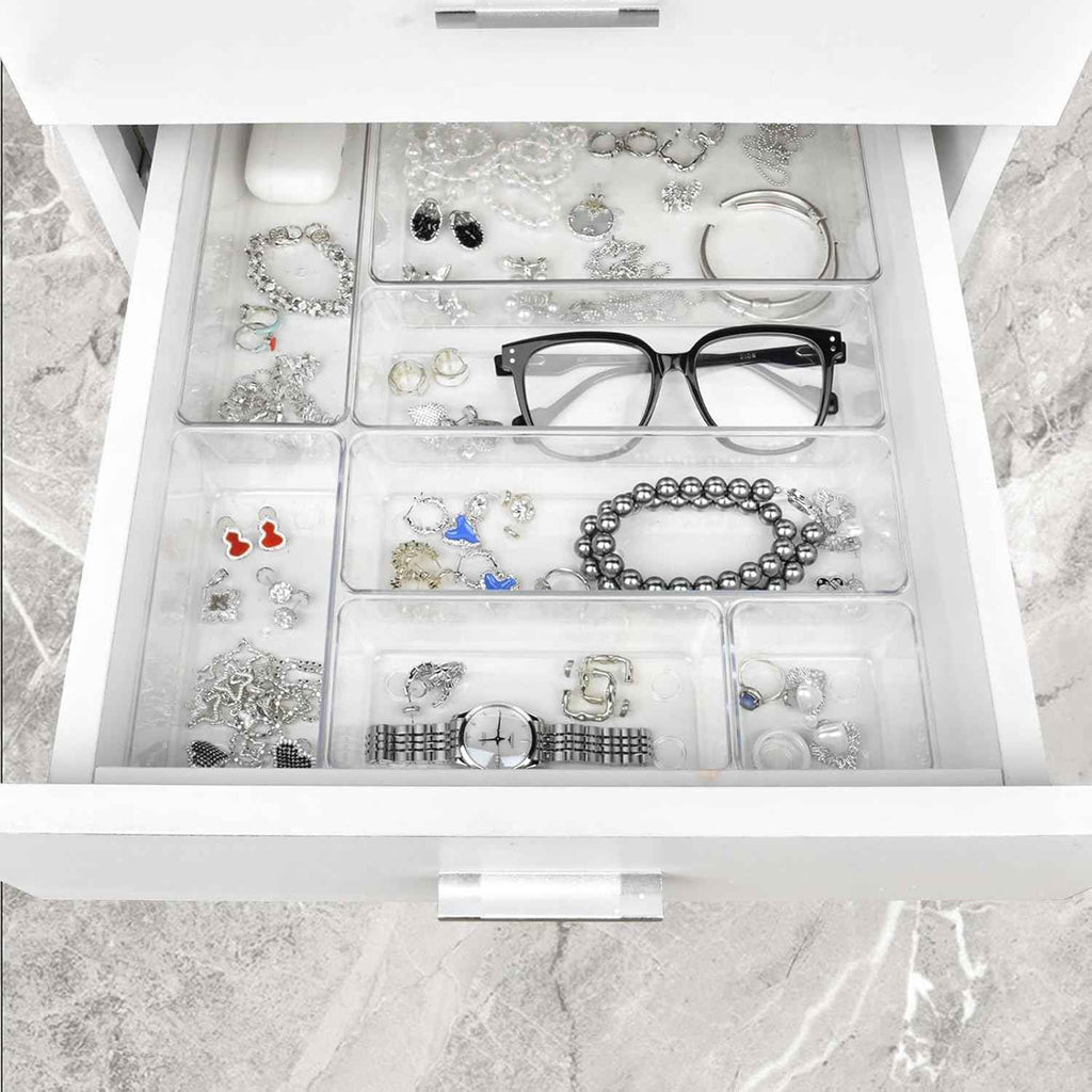 Drawer Organizer Set of 15, 4 Sizes Clear Plastic for Kitchen, Bathroom, Office, Dresser Desk Organizers