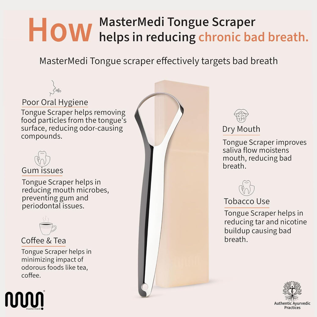 mastermedi 100 stainless steel tongue scraper for adults bad breath oral care