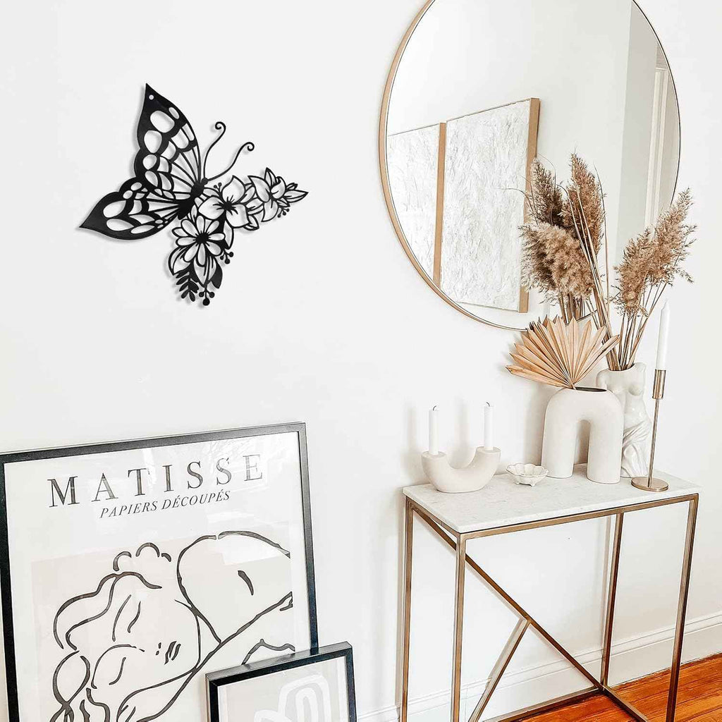 EZ4ENCE Butterfly Decoration Wall Art Boho Home Decor Hanging Appearance Metal Flower for Bedroom Living Room Wall,Black(Medium)