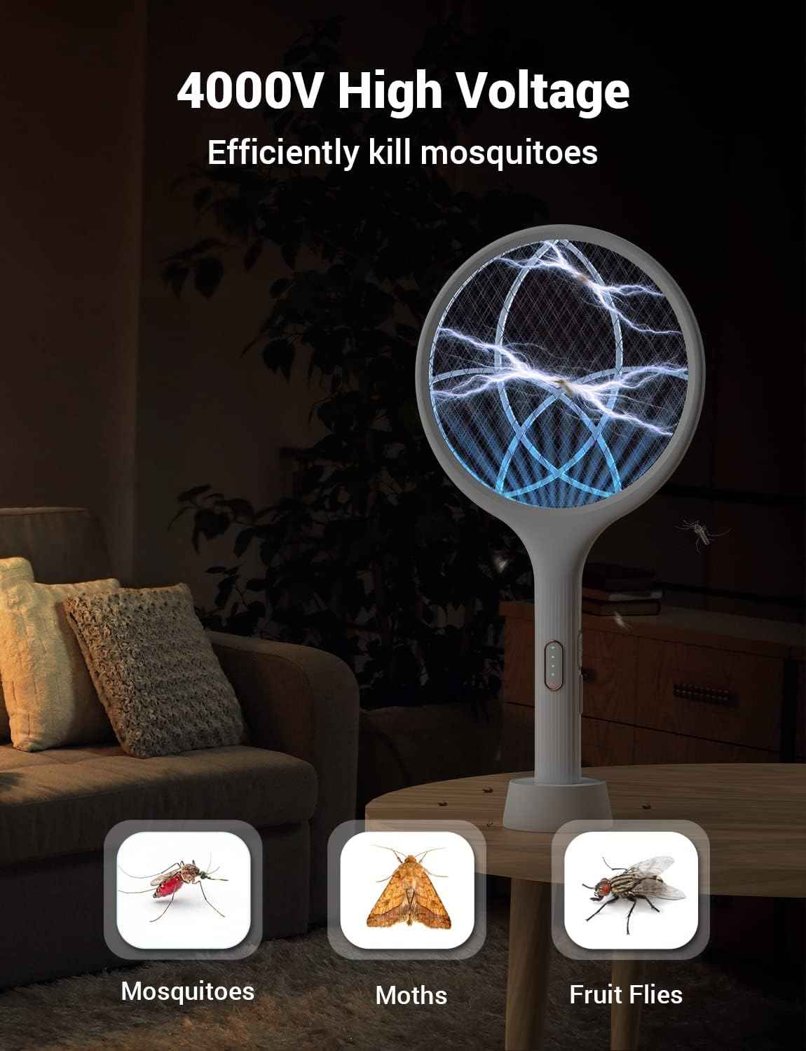 yissvic electric fly swatter 4000v bug zapper racket dual modes mosquito killer purple light rechargeable indoor home