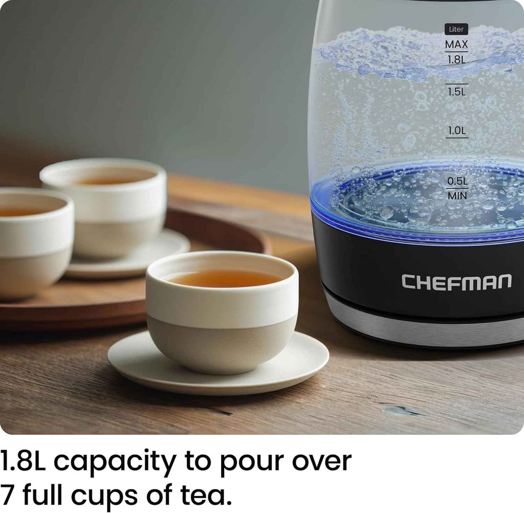 Chefman 1.8L 1500W Electric Kettle with Stainless Steel Filter and Borosilicate Glass
