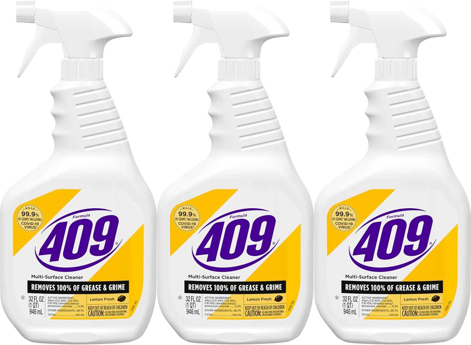 Formula 409 Multi-Surface Cleaner, Spray Bottle, Lemon Fresh, 32 Fluid Ounces, Pack of 3