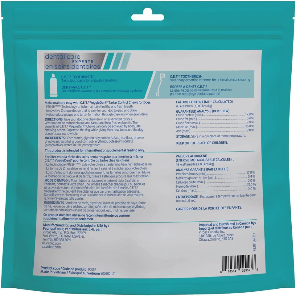 Virbac C.E.T. VEGGIEDENT FR3SH Tartar Control Chews for Medium Dogs, Beef, 1.6 Pounds