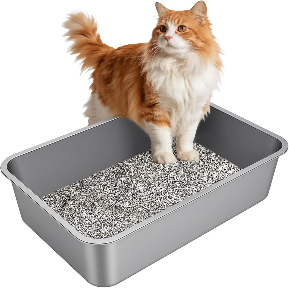 stainless steel metal cat litter box with high sides odor-free non-stick for indoor cats and kittens