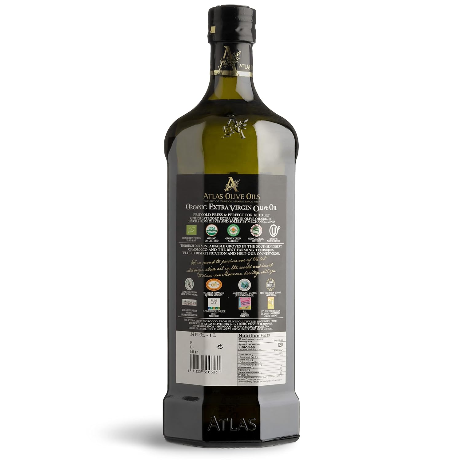 Atlas 1 LT Moroccan organic cold-pressed extra virgin olive oil with polyphenol rich, newly harvested, unprocessed from single family farm
