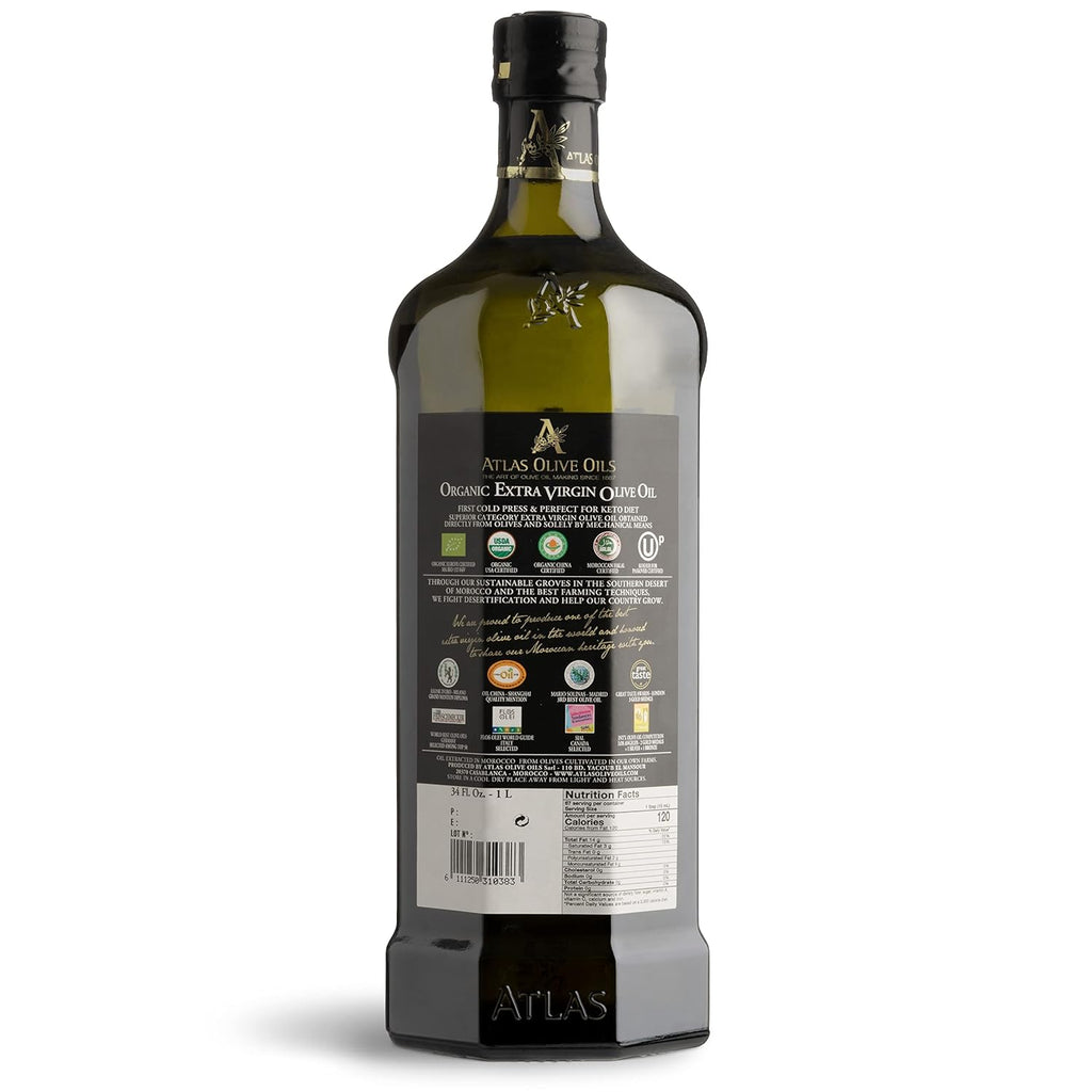Atlas 1 LT Moroccan organic cold-pressed extra virgin olive oil with polyphenol rich, newly harvested, unprocessed from single family farm