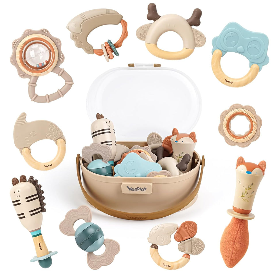 Baby Rattles & Teethers Set – Baby Toys 0-6 Months, Teething Toys 3-6 Months, Sensory Toys with Soft Textures, Gentle Sounds & Easy-Grip Shape, Neutral Newborn Gift（10-Pack）