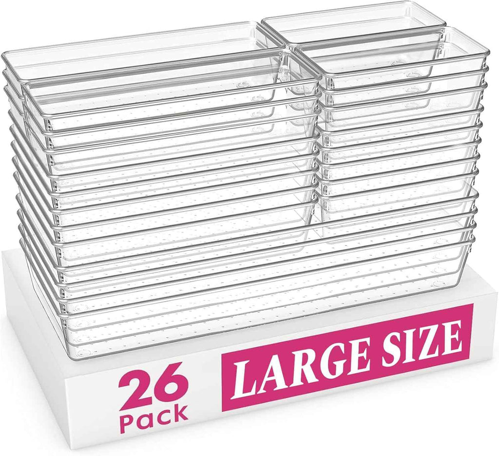 Criusia 26-Pack Large Drawer Organizer Bins - Clear Plastic Kitchen and Bathroom Organizers