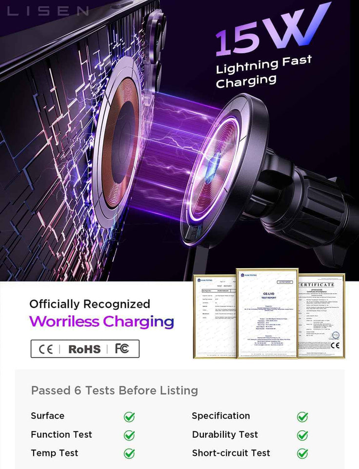 LISEN for 15W MagSafe Car Mount Charger,Magnetic Wireless Cars Charger,Magnetic Phone Holder for Cars,Phone Holders for Your Car Accessories for Men Women Jeep Ford F150 for iPhone 17-12,Samsung,Pixel