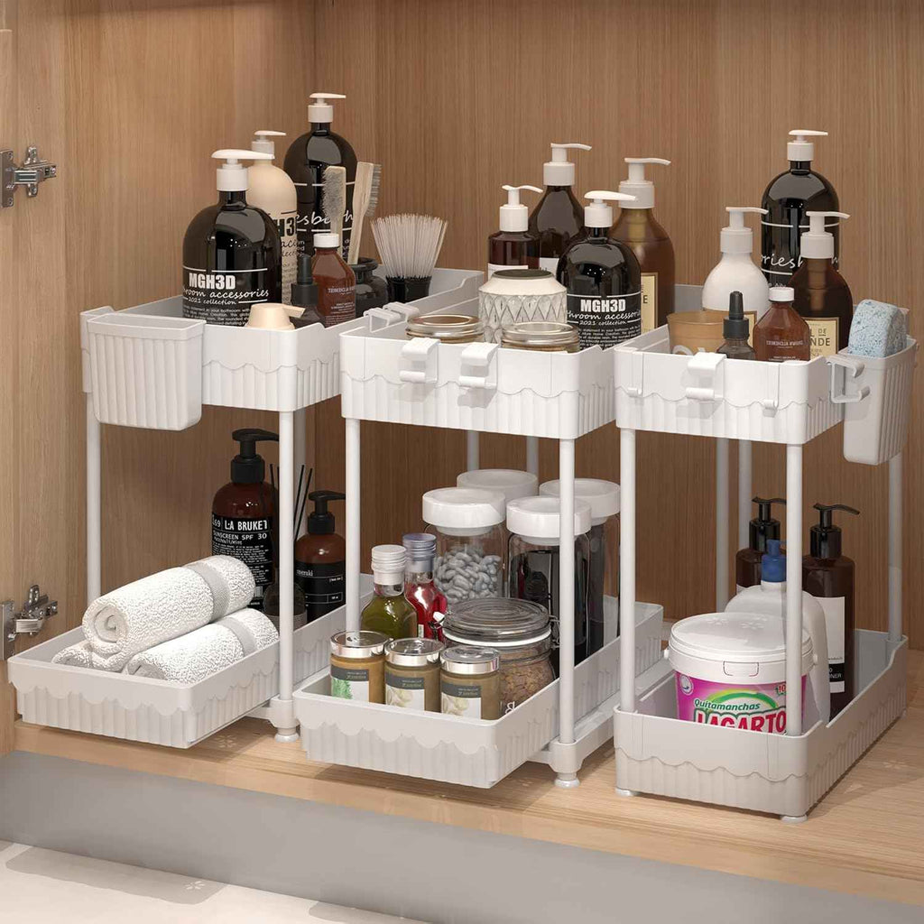3 Pack Under Sink Organizers, 2-Tier Multi-Use Kitchen and Bathroom Organizers and Storage with Sliding Drawers，Bathroom Cabinet Organizer (Black, 12.8 Inch)