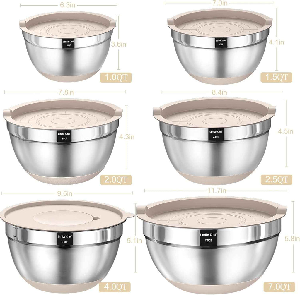 26-piece stainless steel mixing bowls set with airtight lids, grater attachments, and kitchen gadgets, sizes 7, 4, 2.5, 2.0, 1.5, 1QT, non-slip bottoms, great for mixing and serving