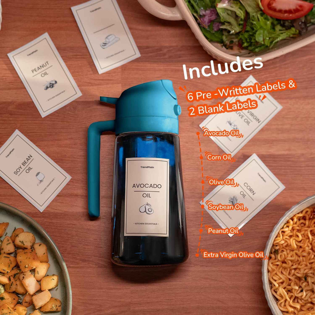 TrendPlain 16oz blue glass olive oil sprayer for cooking, air fryer, salad, and BBQ - 2 in 1 dispenser