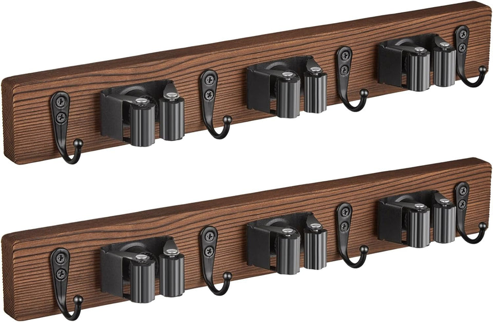Mop and Broom Holder Wall Mount - Rustic Wood Broom Mop Hanger - Wall Mounted Garden Tool Rack Organizer for Closet Garage Laundry Room Kitchen Decor With 4 Slots & 4 Hooks - ShopUS
