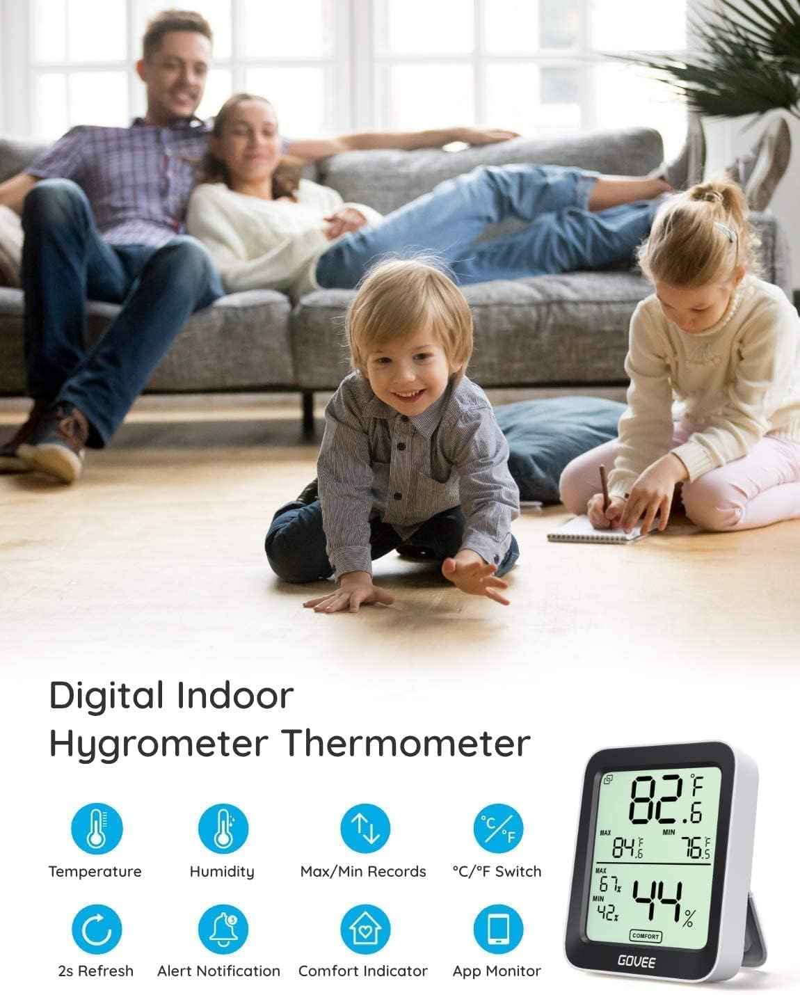 Govee H5075 digital hygrometer indoor thermometer with 164ft remote app control and notification alerts
