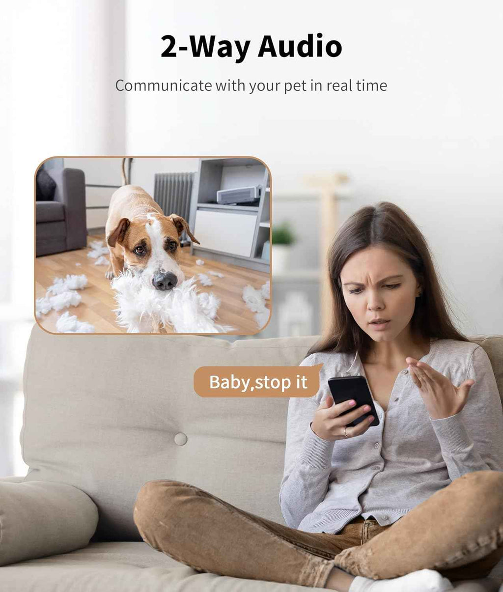 2K pet camera treat dispenser with 360° view, 5G&2.4G WiFi, 2-way talk, motion alerts, and auto tracking for cats and dogs