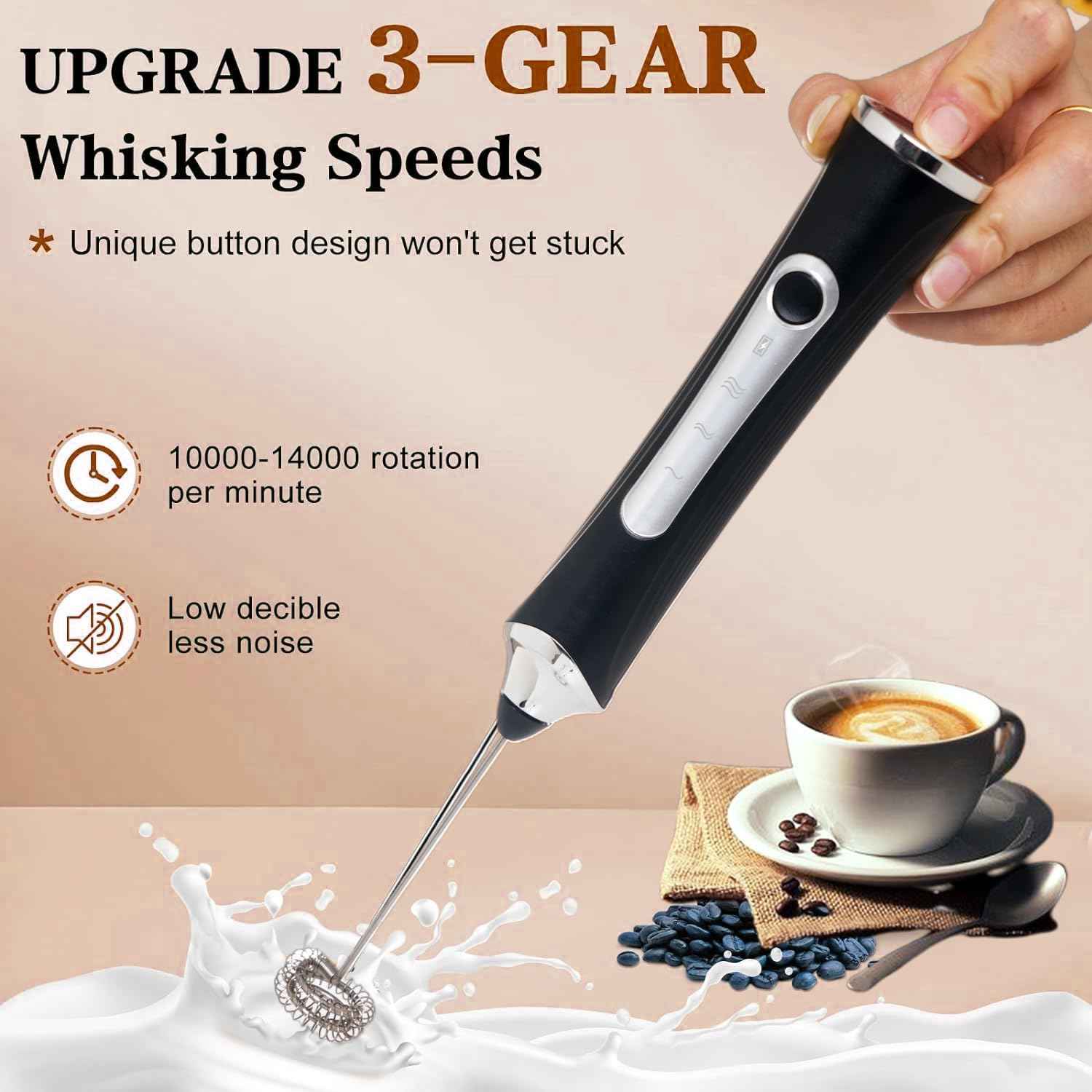 Rechargeable Handheld Milk Frother, 3-Speed, Electric Coffee Frother with 2 Whisk Heads, Stand, and USB Charging