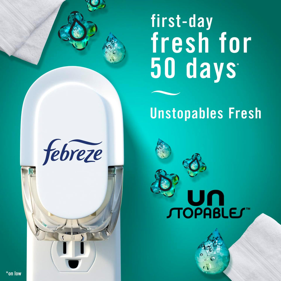Febreze Plug-in Air Freshener, Odor-Fighting Scented Oil Refill, Air Fresheners for Home, Bathroom and Kitchen, Long Lasting, Unstopables Fresh Scent, 0.87oz Refills, Multi Color, 3 Count