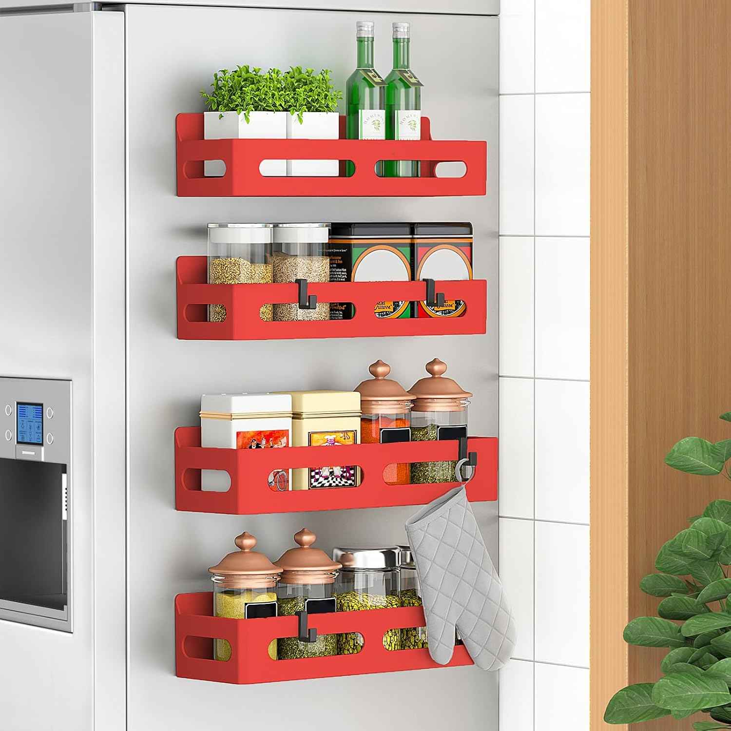 4 Pack Magnetic Spice Rack for Refrigerator, Spice Rack Organizer, Moveable Magnetic Shelf Fridge Organizer with 4 Hooks for Kitchen and Oven Organization, Black
