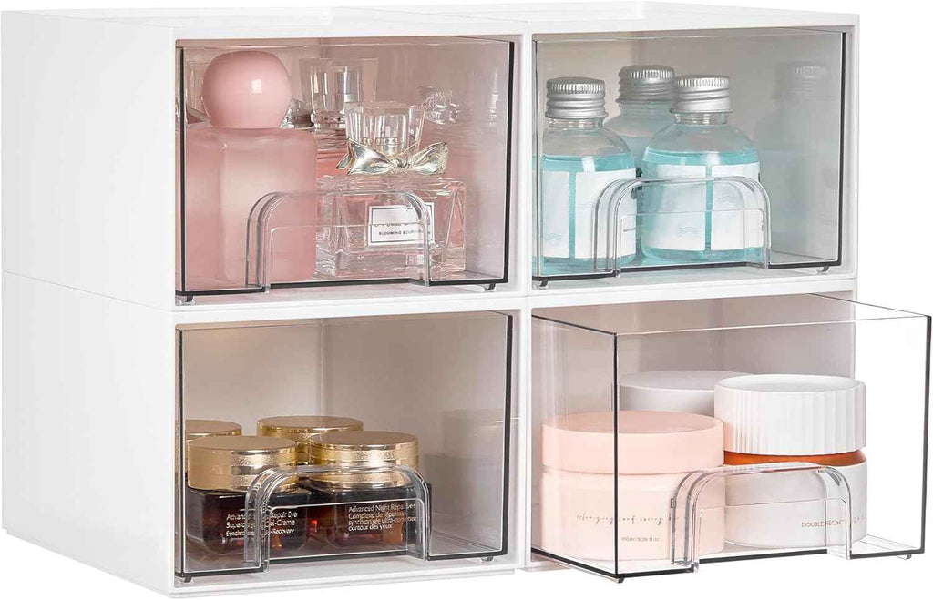 Vtopmart 4 Pack Small Clear Stackable Storage Drawers,Acrylic Bathroom Makeup Organizer,Plastic Storage Bins For Vanity, Undersink, Kitchen Cabinets, Pantry, Home Organization