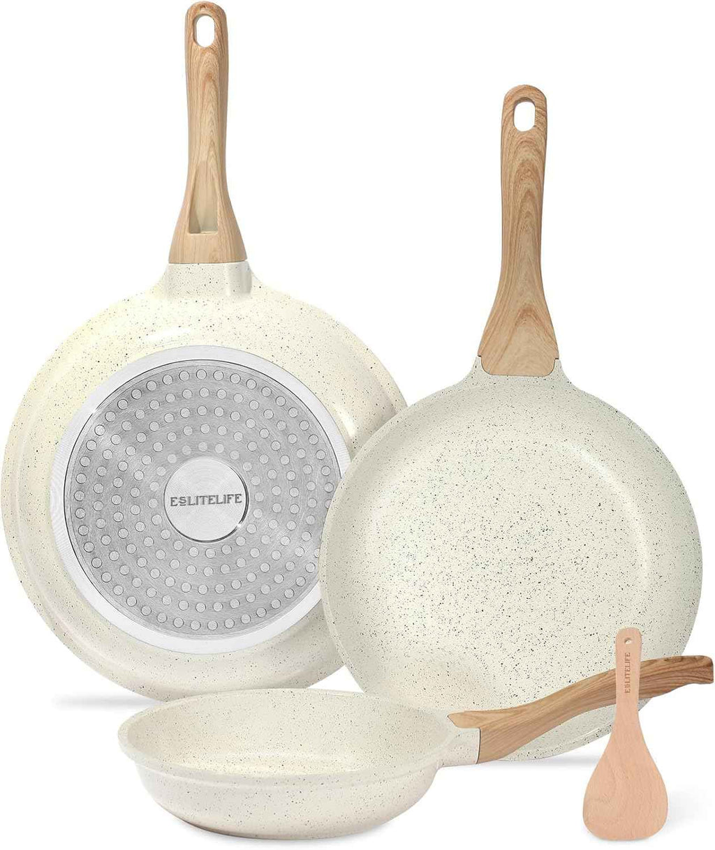 ESLITE LIFE Nonstick Ceramic Frying Pan Skillet, Non-Toxic Egg Omelette Kitchen Cooking Pans Compatible with All Stovetops (Gas, Electric & Induction), PTFE & PFOA Free (White, 8'')
