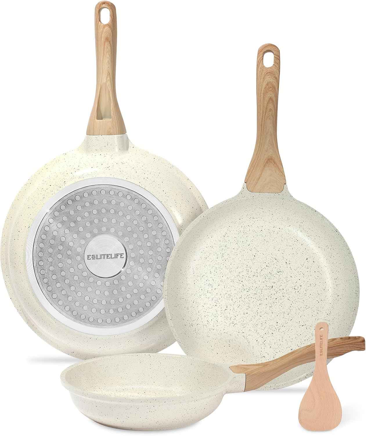 ESLITE LIFE Nonstick Ceramic Frying Pan Skillet, Non-Toxic Egg Omelette Kitchen Cooking Pans Compatible with All Stovetops (Gas, Electric & Induction), PTFE & PFOA Free (White, 8'')