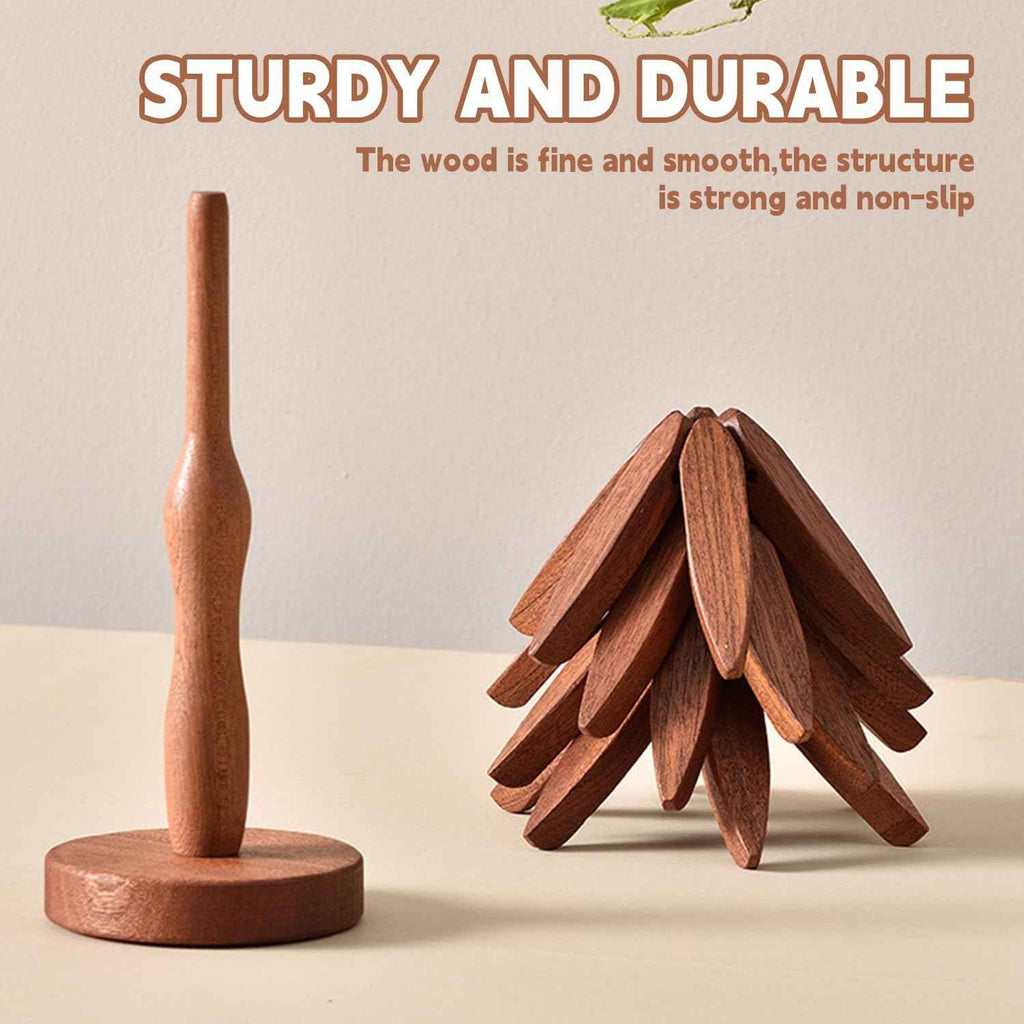 Wooden Cup Coaster Set，Tree Shape Trivet Set,Tree Coasters- 4 Wooden Trivets + 1 Stand stored for hot Dish/Pot/Bowl/teapot/hot Pot Set (Brown)