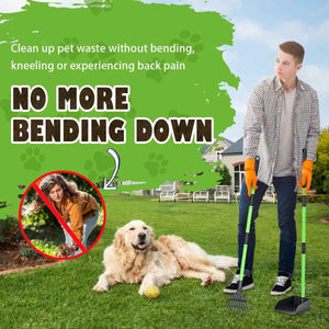 mxf pooper scooper, stainless metal tray and rake set for small dogs, heavy duty, long handle, green