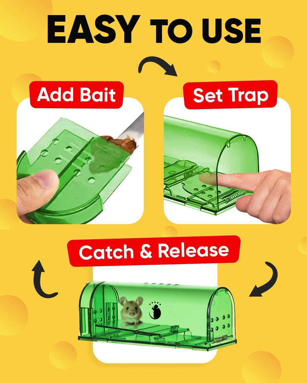 Reusable humane mouse traps, catch and release, easy cleaning, 4 pack with cleaning brush
