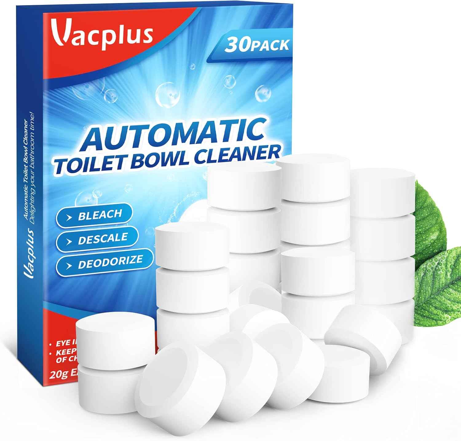 Vacplus Toilet Bowl Cleaner Tablets, 30-Pack, Automatic Toilet Bowl Cleaners with Bleach