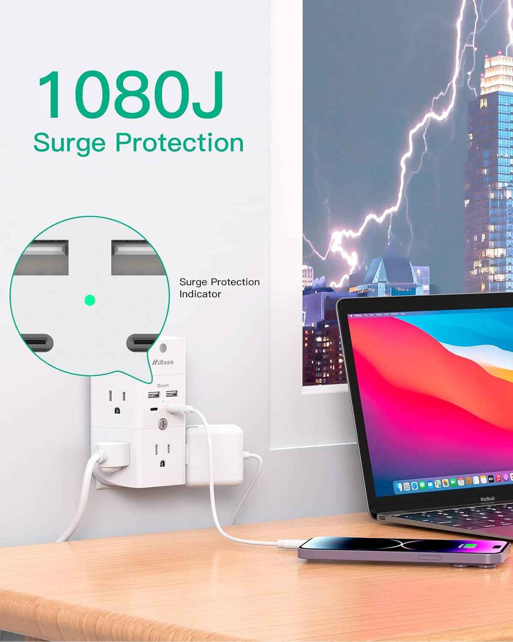 Surge protector outlet extender with night light, 5-outlet splitter, and 4 USB ports for home and dorm room essentials