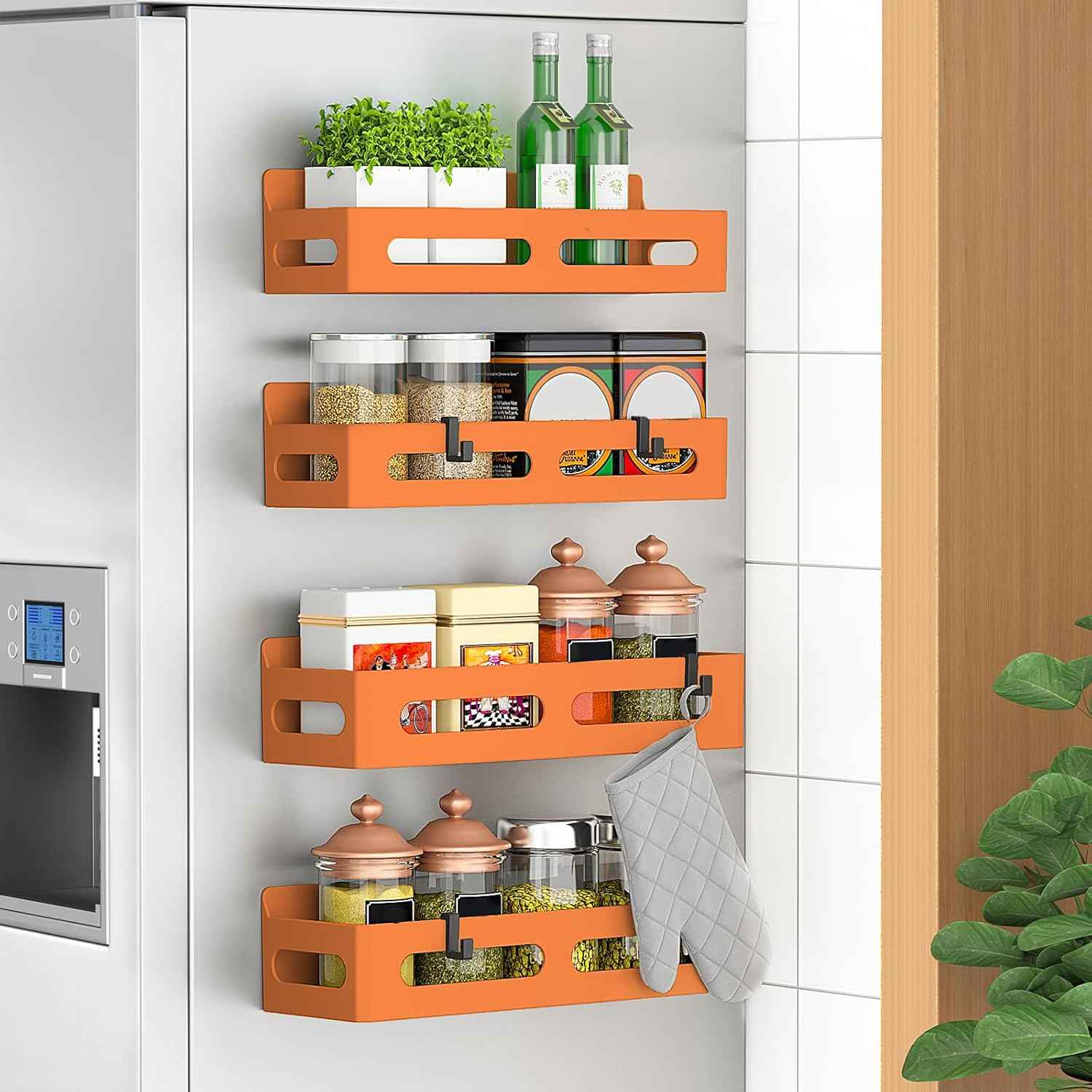4 Pack Magnetic Spice Rack for Refrigerator, Spice Rack Organizer, Moveable Magnetic Shelf Fridge Organizer with 4 Hooks for Kitchen and Oven Organization, Black