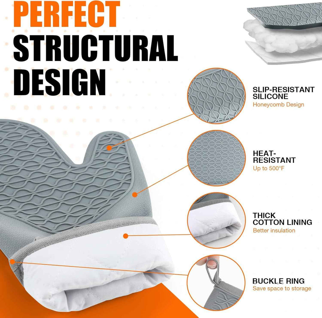 Grey Silicone Oven Mitts, Heat Resistant 2PCS with Soft Cotton Lining, Waterproof Grip, Kitchen Potholder, 12.5 Inch