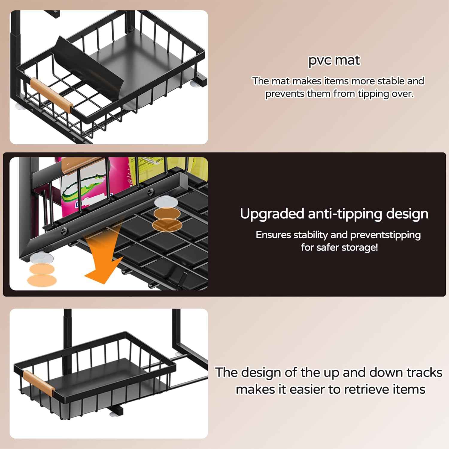 ADBIU Under Sink Organizer, 2 Pack 2 Tier Expandable Height (13.2" - 17.2") Pulling Out Kitchen Bathroom Cabinet Organizers