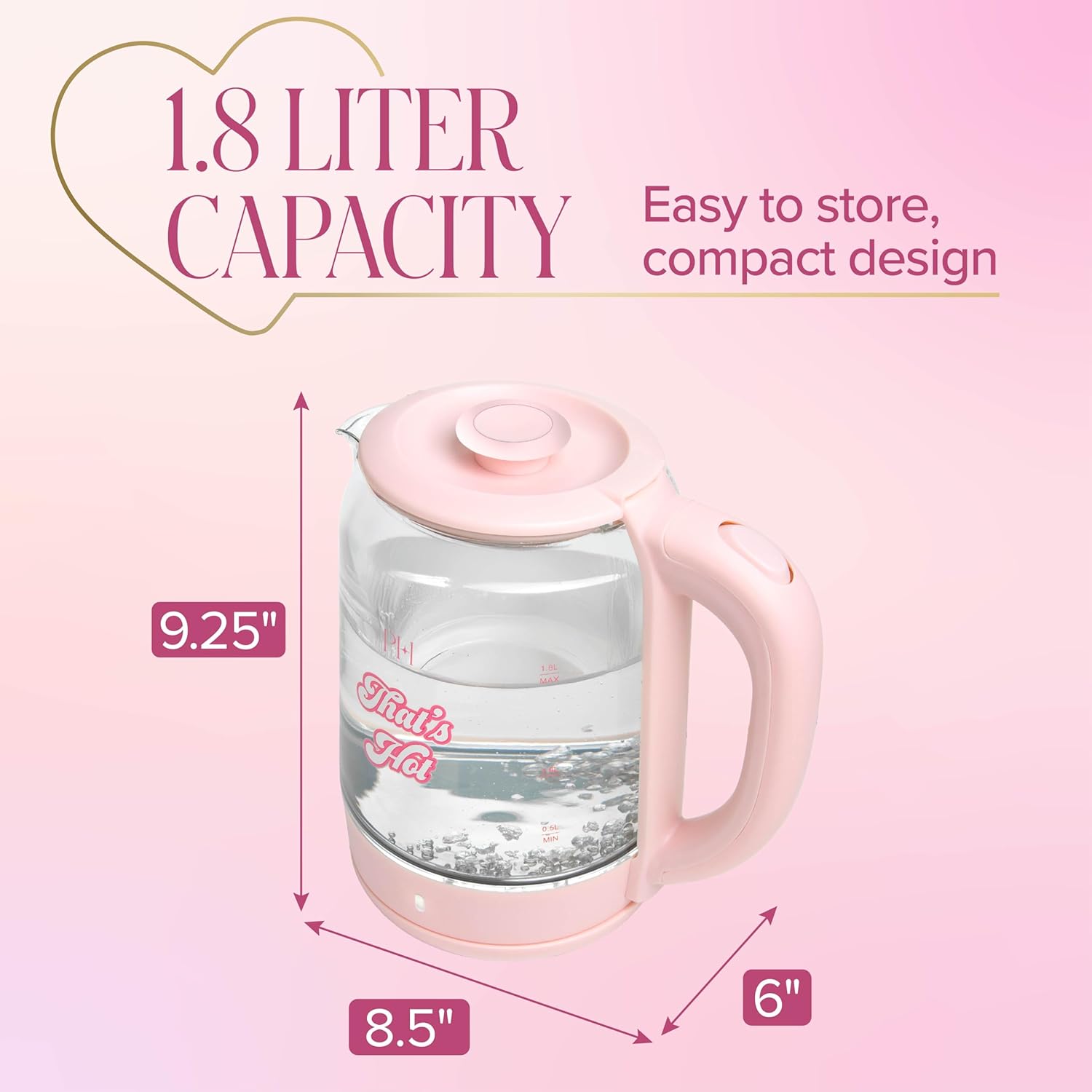 Paris Hilton Electric Kettle, Fast Boil with Auto Shut-Off, LED Indicator, 360° Base, Cord Storage, 1.8-Liter, Glass, Pink