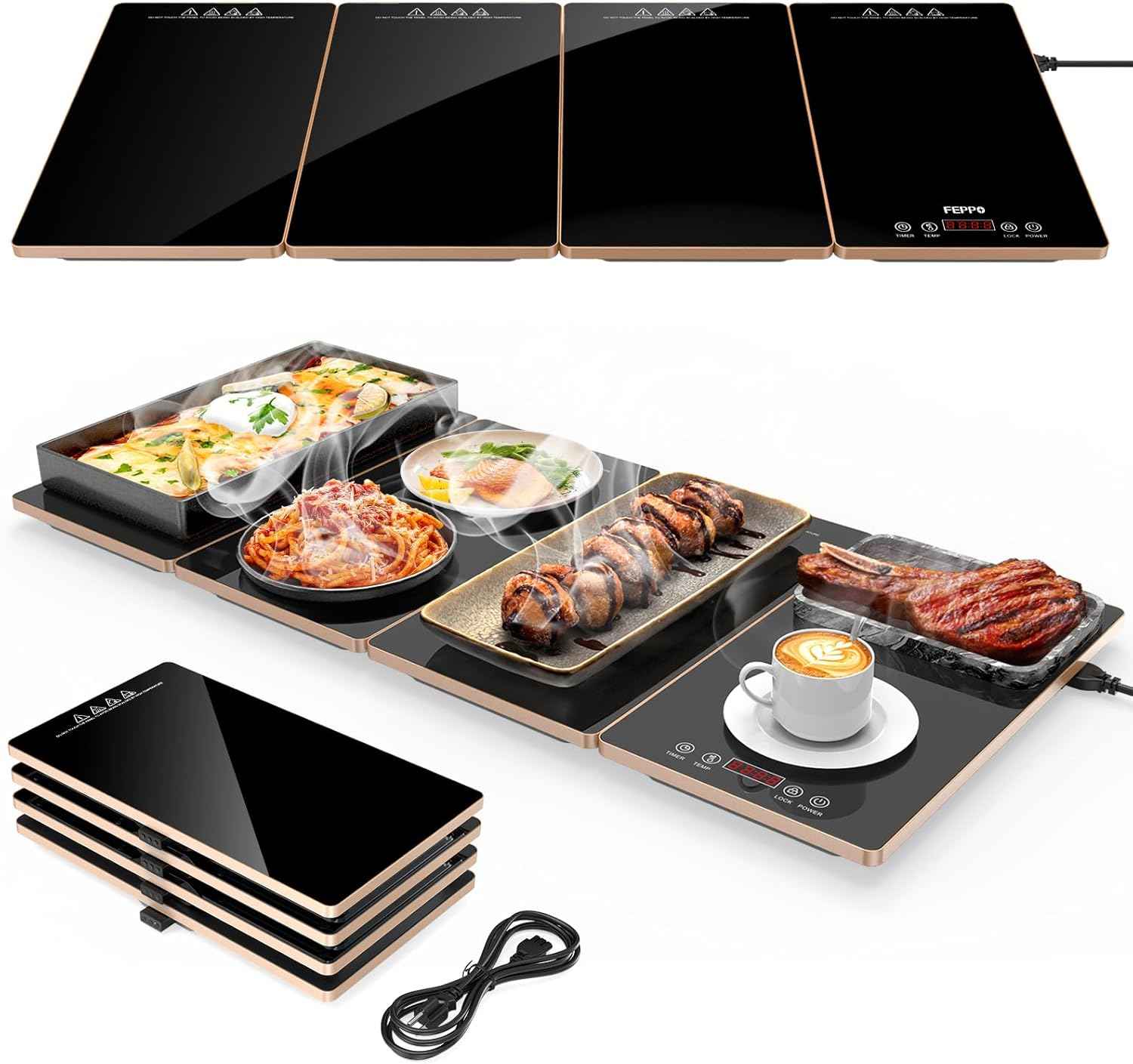 Fepppo Electric Warming Tray with 10 Temp Settings and Timer, 33"x15" Glass Surface