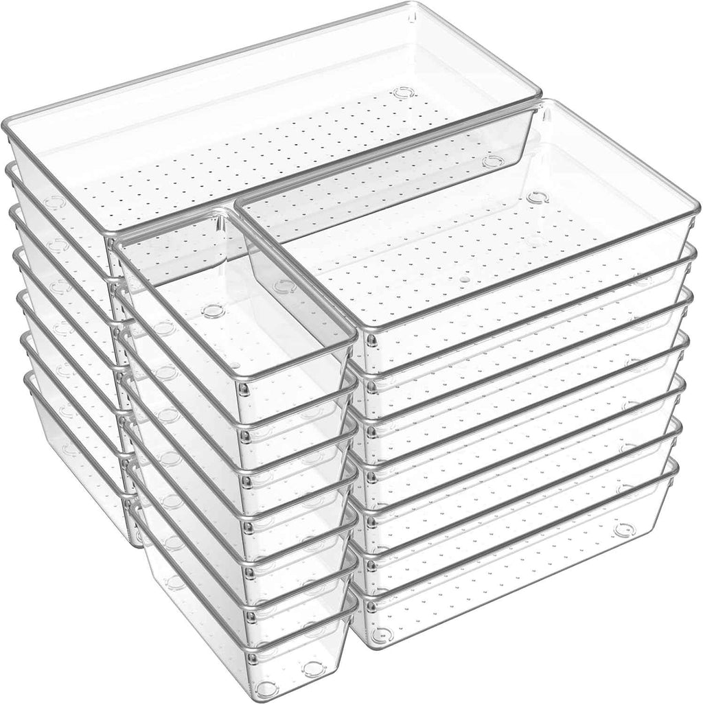 6 Pack Large Clear Plastic Drawer Organizer Trays, Acrylic Kitchen Drawer Organization and Storage Dividers, Non-Slip Storage Bins for Makeup, Kitchen Utensils, Bathroom, Jewelries and Office Desk
