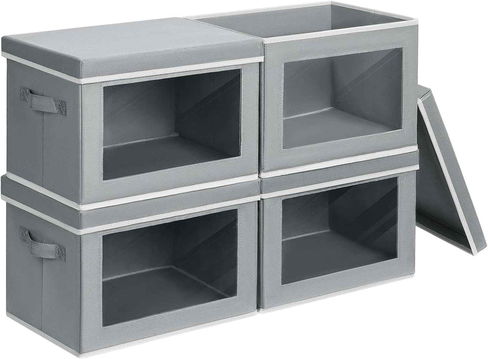 Storage Bins with Lids - Fabric Closet Storage Bins with Window, Collapsible Baskets for Shelves 4 Pack, Home Decorative Boxes for Clothes, Closet, Office, Grey
