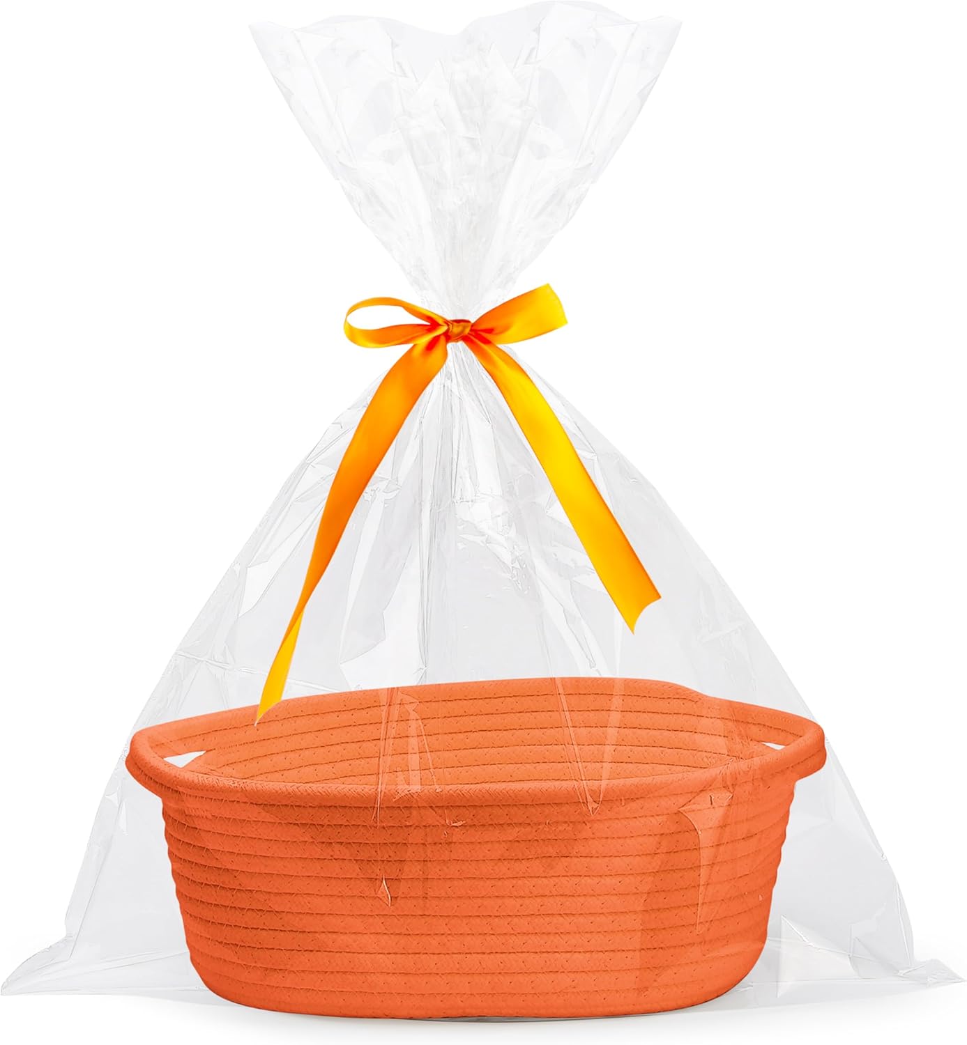 White small woven burr basket with gift bags and ribbons, 12" x 8" x 5", durable storage for gifts, baby toys, and living room essentials
