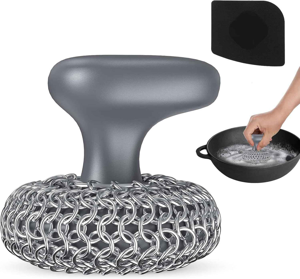 Purgreat Cast Iron Scrubber | Dish Scrub Brush | 316 Cleaner Chainmail Scrubber for Cast Iron Pan Skillet Cleaner - Dish Scouring Pad Dishwasher Safe Cleaning Kit, Black 02