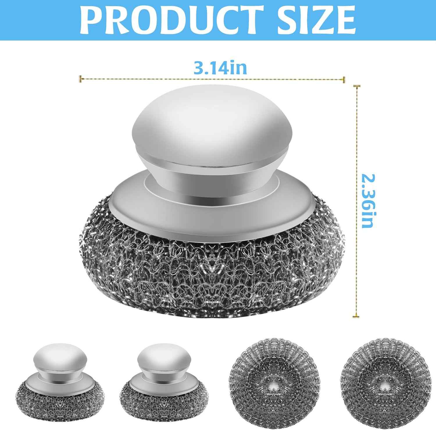 Stainless steel wool scrubber with 2 replacement pads for cleaning metal pans, pots, grills, and more