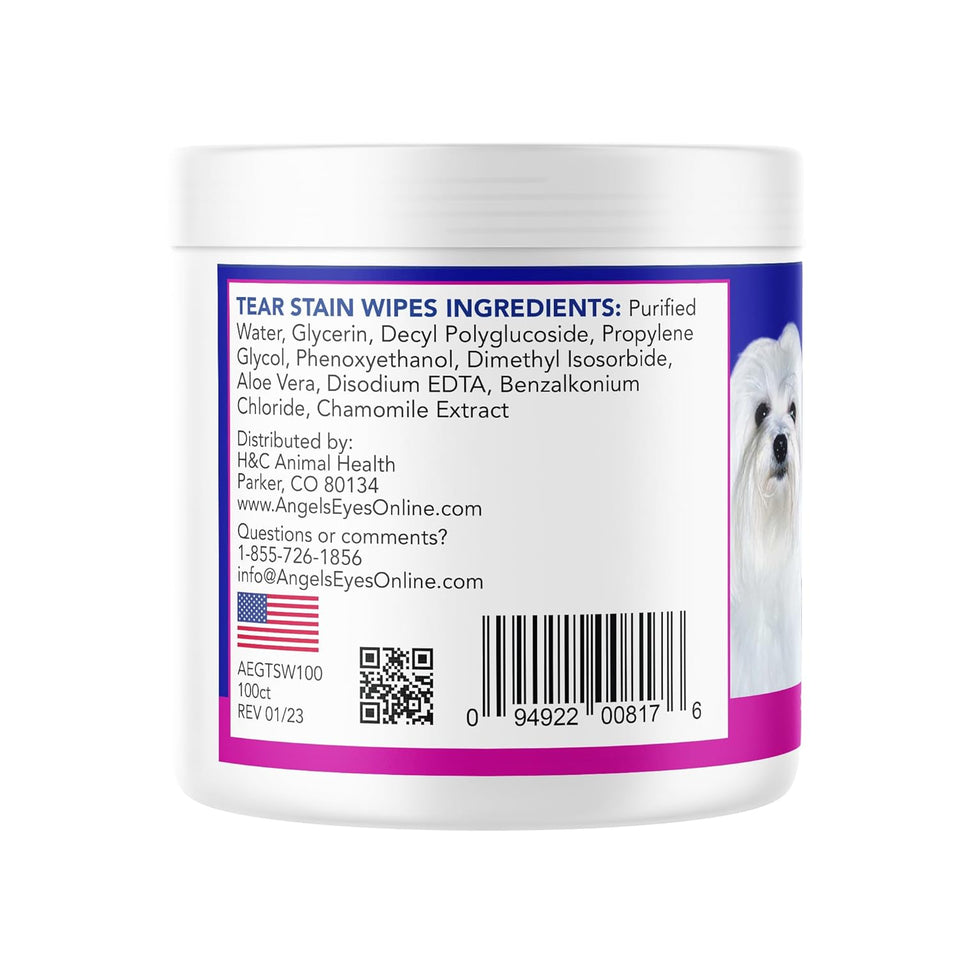 Angel's Eyes Gentle Tear Stain Wipes for Dogs and Cats, Presoaked, 100 Count, Textured