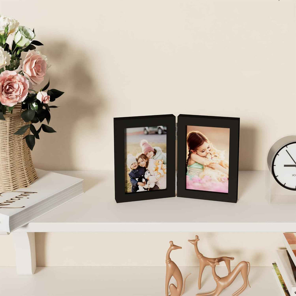 decorUhome Double 4x6 Picture Frame Vertical, Engineered Wood Bifold Photo Frame with Plexiglass for Tabletop Display, 4x6, Black