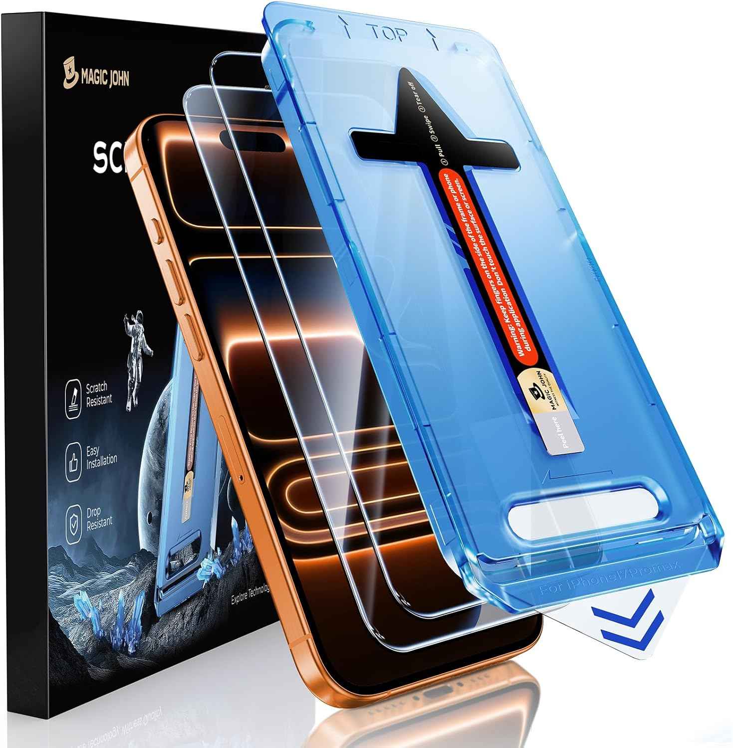 Magic John tempered glass screen protector for iPhone 17 Pro Max 6.9 inch, 2 pack, auto dust-elimination, bubble free