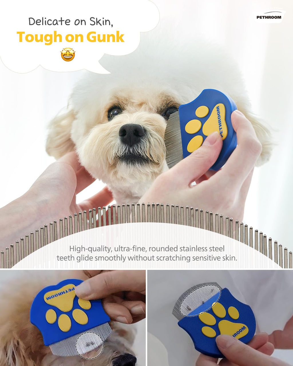 PETHROOM Professional Eye Comb for Pets | Stainless Steel Tear Stain Remover for Cats & Dogs | Gentle Round-Head Grooming Tool | Compact & Portable for Eye Gunk Removal