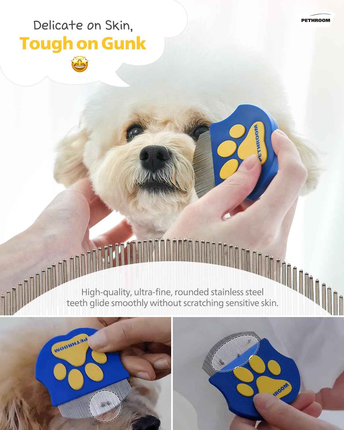 Pethroom professional eye comb for pets in stainless steel, gentle round-head grooming tool for cats and dogs eye gunk removal