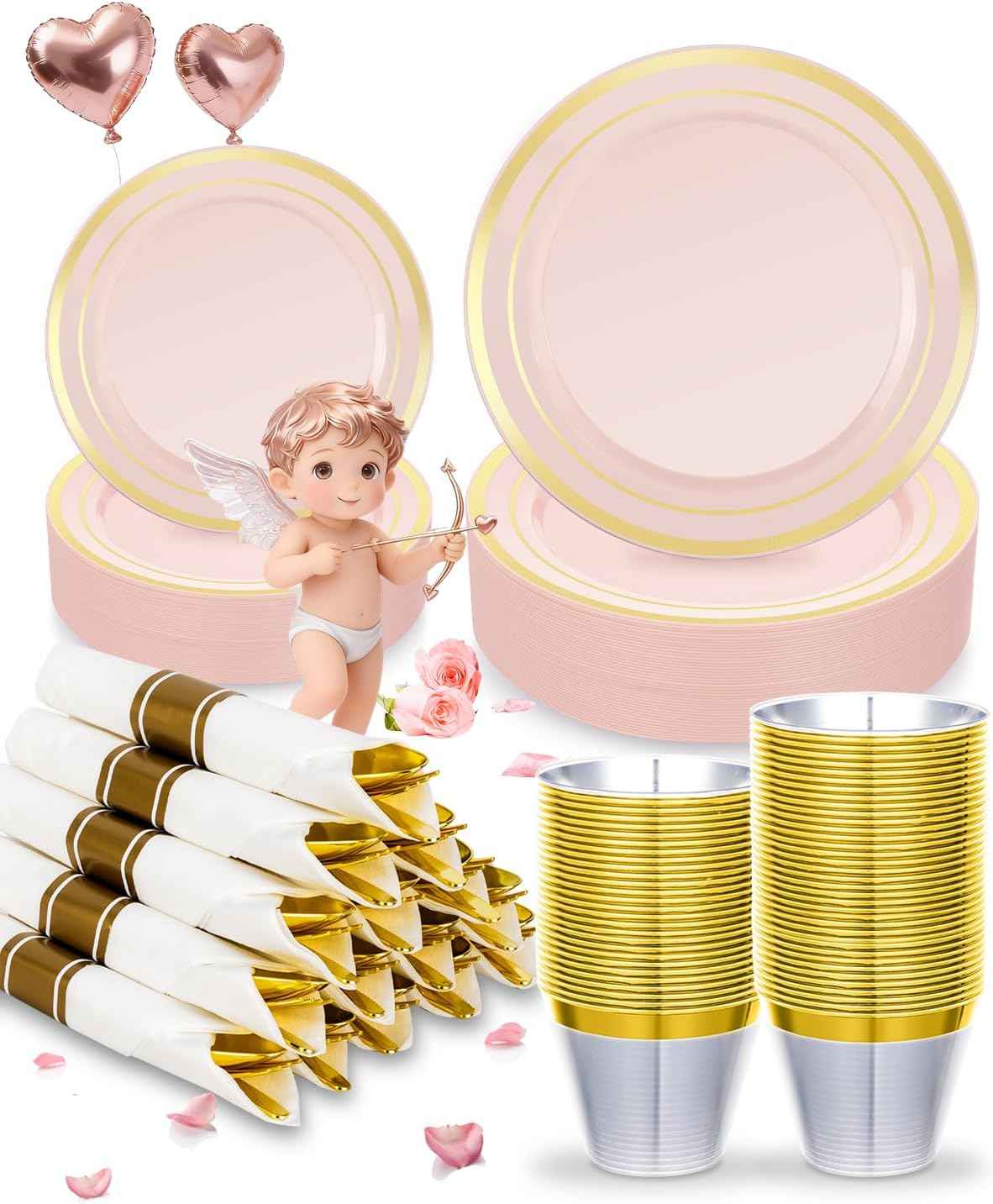 BESTVIP 700PCS Gold Plastic Dinnerware Set for 100 Guests, Disposable Plates for Party, Include: 200 Plastic Plates, 100 Pre Rolled Napkins with Gold Silverware, 100 Cups for Christmas, Halloween