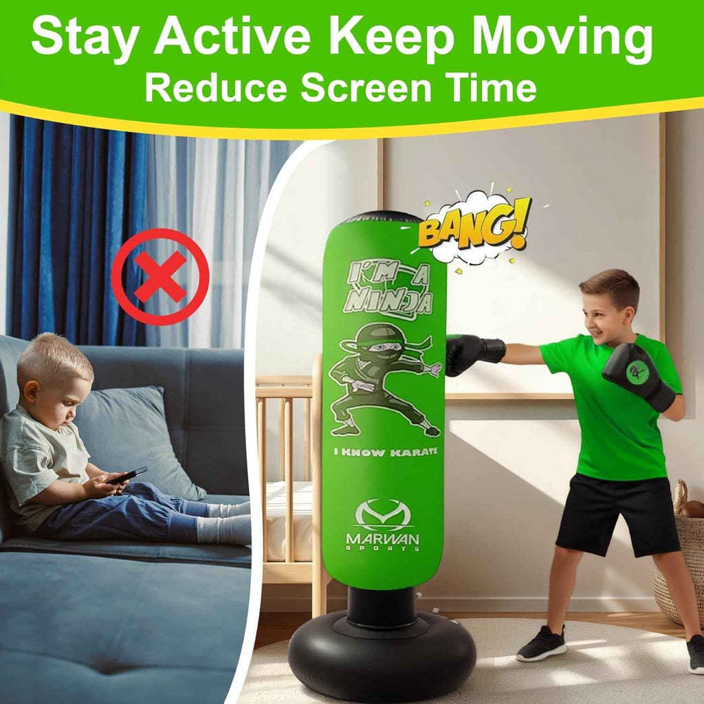 Marwan Sports 5-in-1 Inflatable Punching Bag for Kids – 63" Karate Toy Set with Boxing Gloves, Durable Fast Rebound, Active Play, Stress Relief Christmas/Birthday Gift for Boys & Girls Ages 4-12
